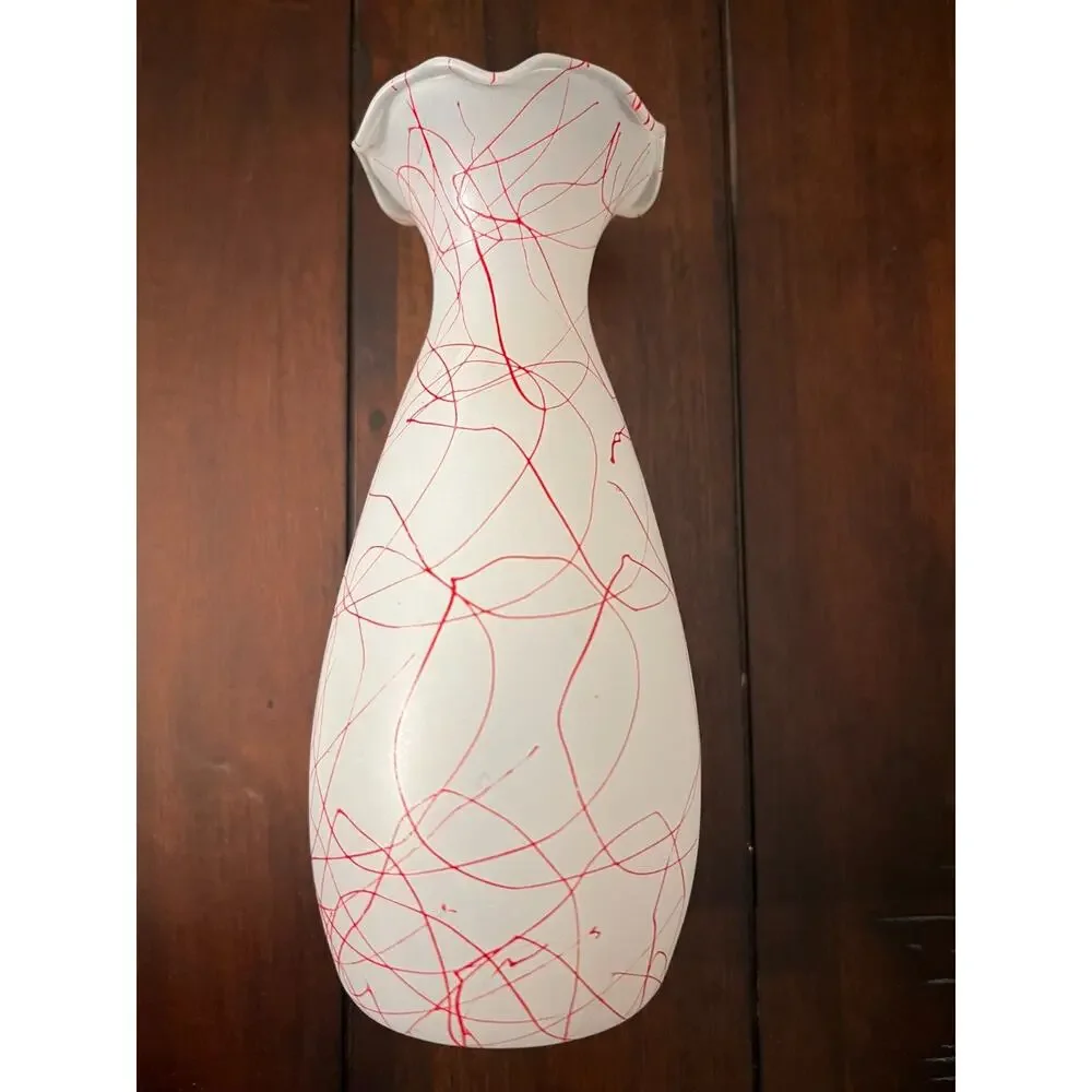 Vintage Hazel Atlas White Frosted Glass Vase, Red Spaghetti String Design, 1950s